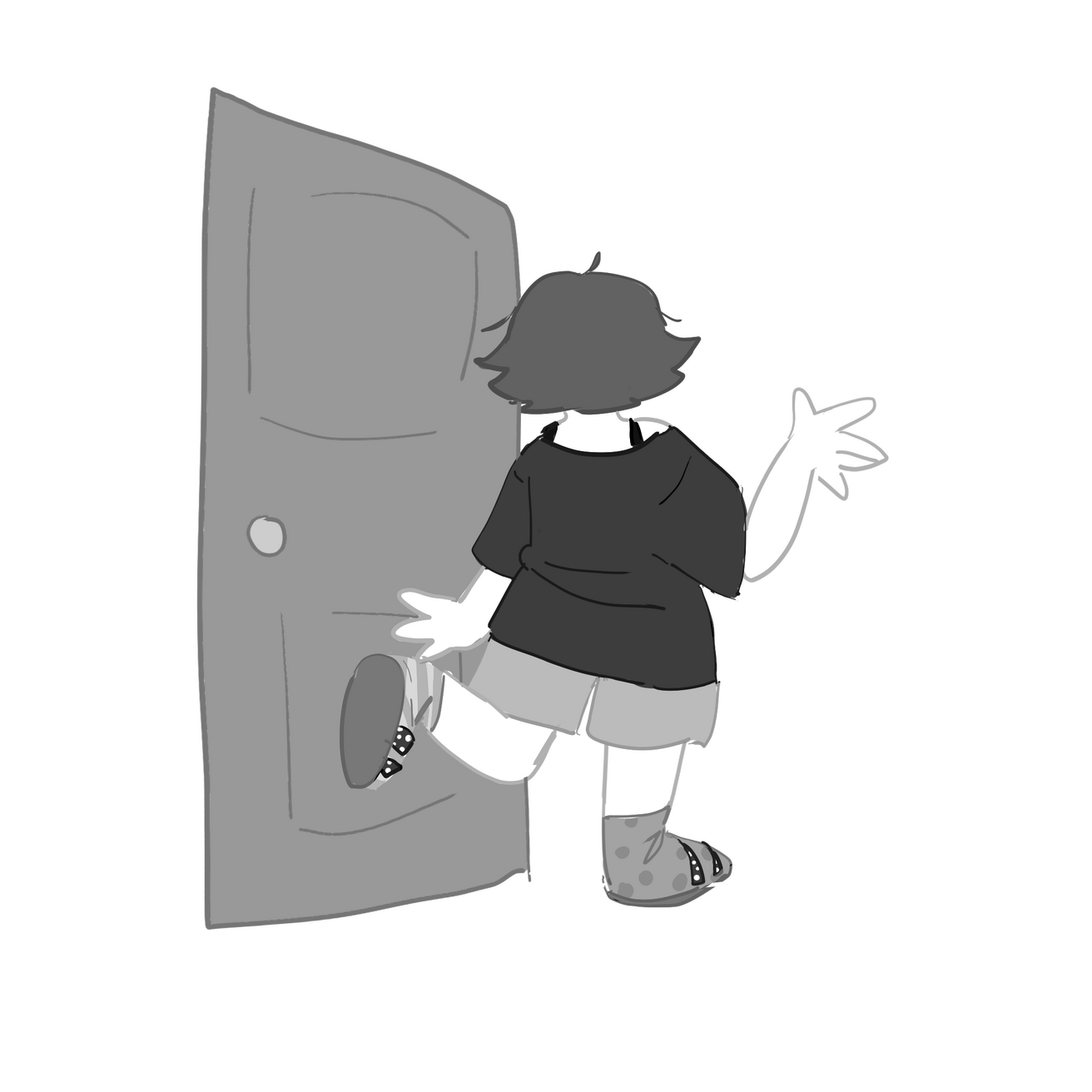 ID: Another drawing of Skenpiel in Grayscale, this time a full body doodle. You can see they are wearing light shorts, mismatched patterned socks, and dark sandals. They have their back turned to the viewer and are heading out a door, waving to the v