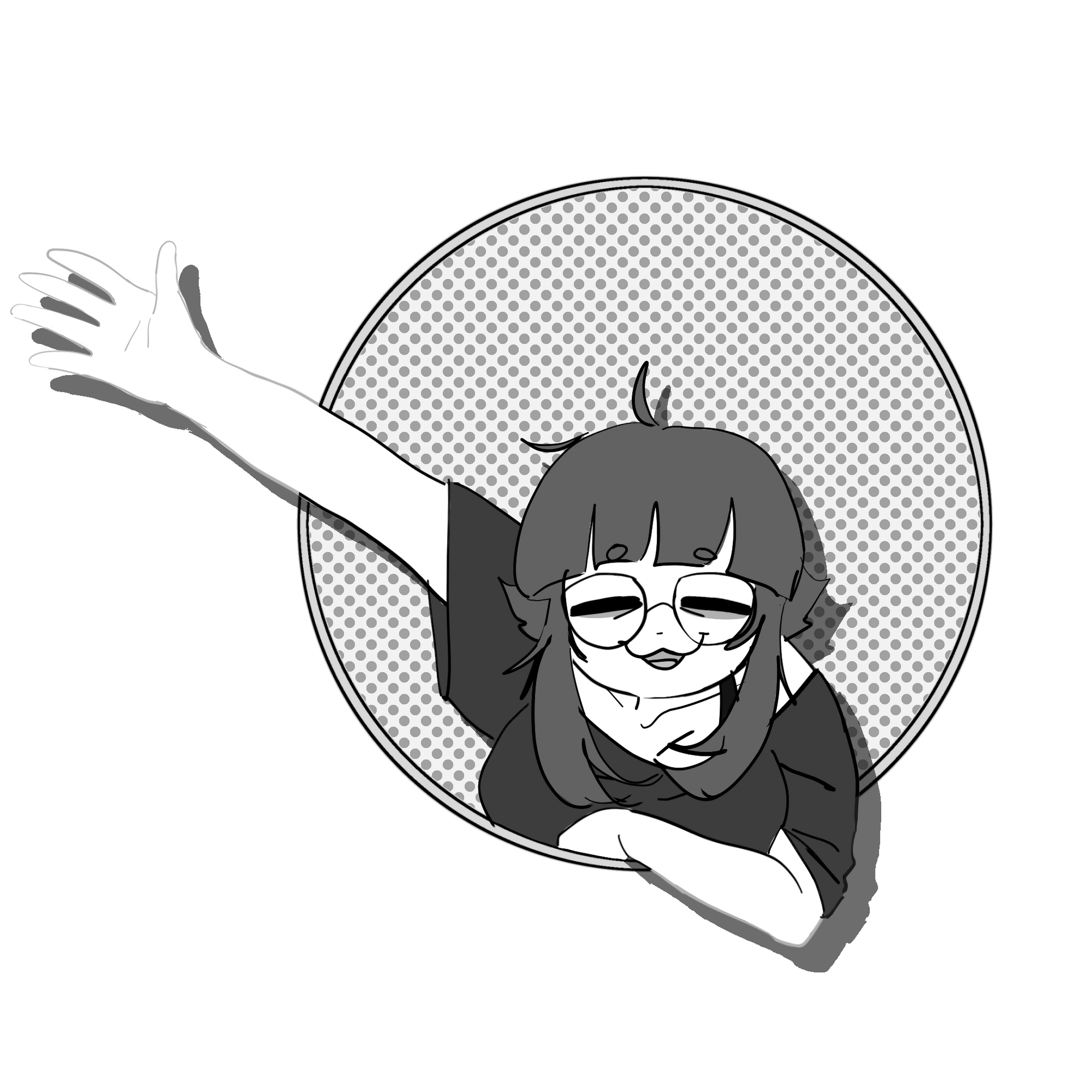 ID: A doodle of Skenpiel in grayscale. They have a dark, oversized shirt, glasses, and short hair. They are leaning against a circular border and are holding one of their arms out. Their eyes are closed and they're smiling.